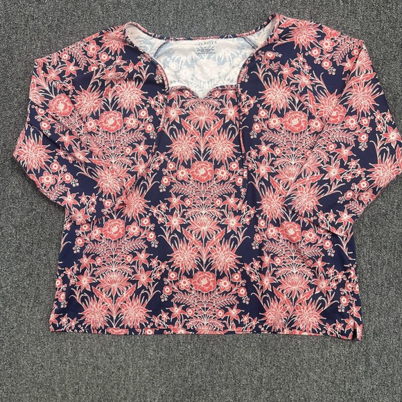 Talbots Boho Floral Damask Split Neck Tie Top XL Navy Coral Cotton Modal Blouse — photo 2